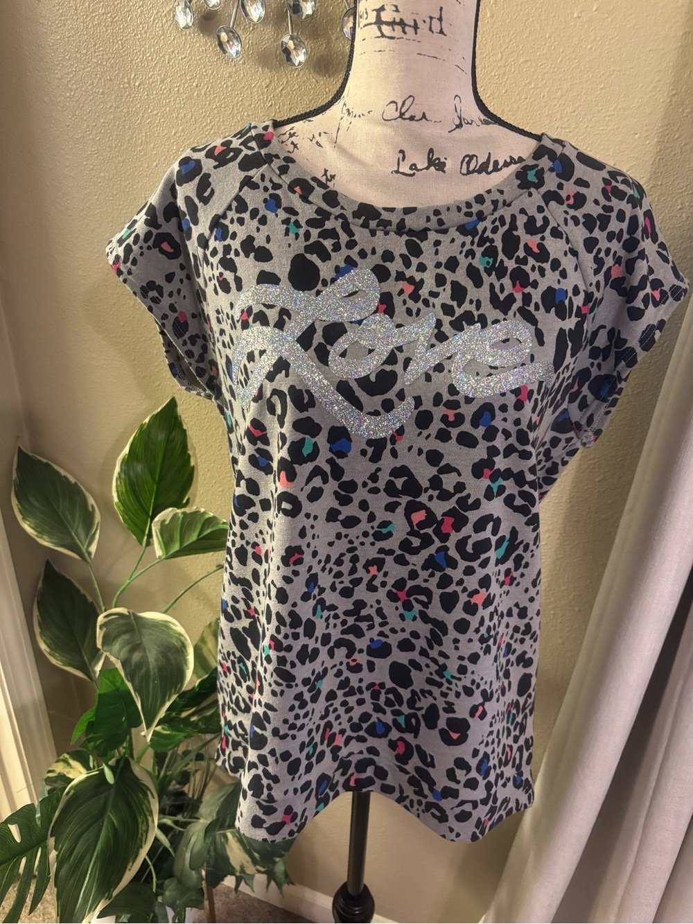 Glitter Script Gray Leopard Print Tee with Multicolor Spots